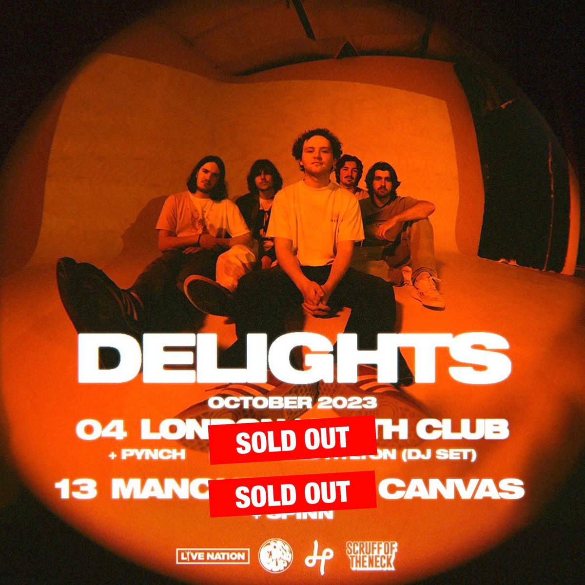 SOLD OUT :: Indie/disco quintet @delightsband_'s MCR hometown show this Friday, now moved from @thisisgorilla (due to reasons far beyond our control) to Canvas, is SOLD OUT. 600 people in one room, it's a huge landmark for the band. @spinn_band support. We'll see you there!! 🧡