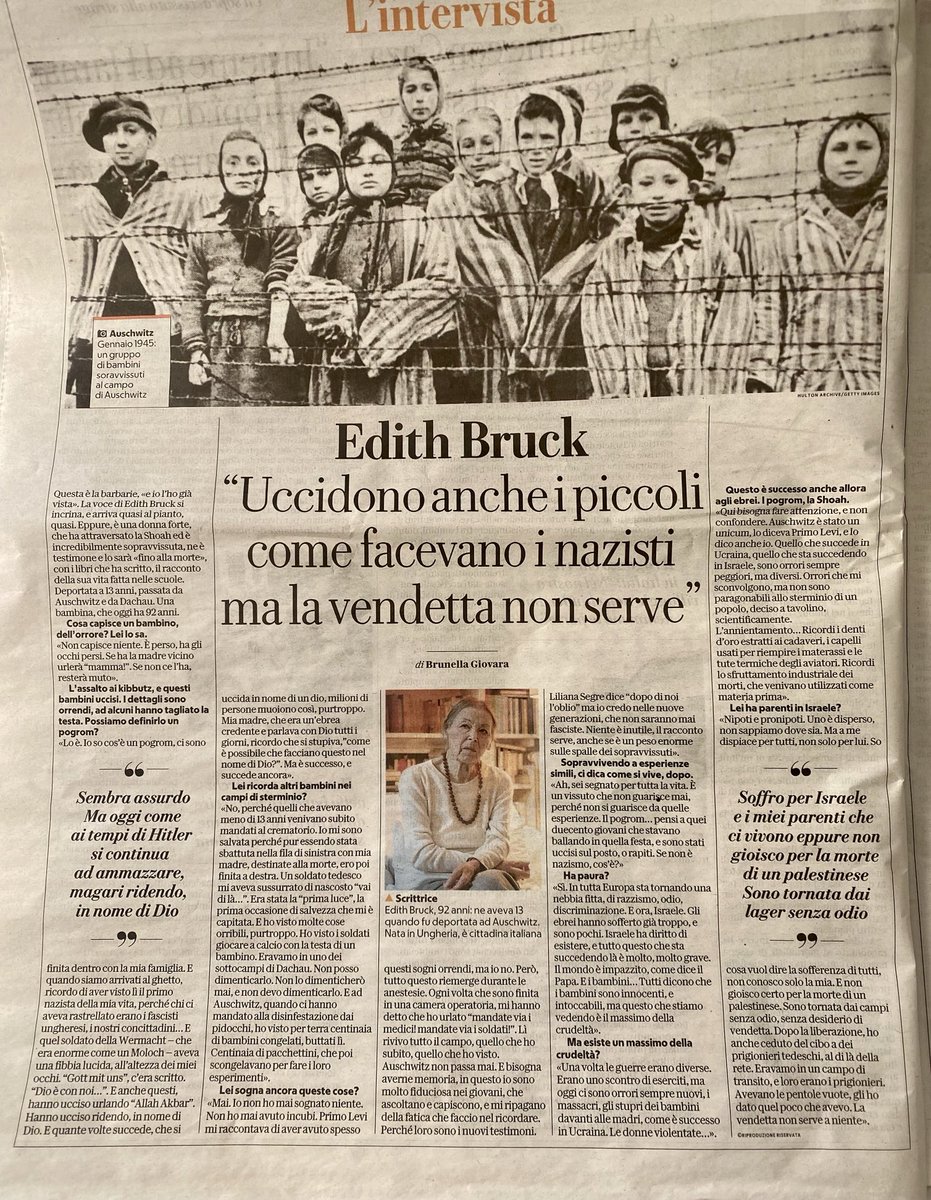 “Soffro per #Israele ma non gioisco per la morte di un palestinese. Hamas uccide anche i bambini come facevano i nazisti ma la vendetta non serve” Da leggere l’intervista su ⁦<a href="/repubblica/">Repubblica</a>⁩ a Edith Bruck scrittrice di origine ungherese deportata ad Auschwitz #Gaza