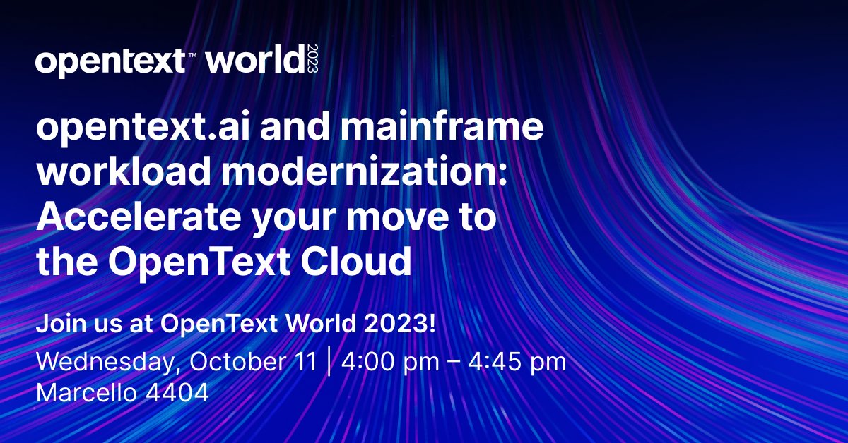 OpenText's tweet image. Run, don&apos;t walk! 🏃‍♀️🏃‍♀️ 

Join our panel of experts to learn how OpenText enables a smarter modernization journey for mainframe and COBOL applications.

Starting at 4pm PST at #OpenTextWorld. 

Learn more: bit.ly/3toD4BZ

#ApplicationModernization