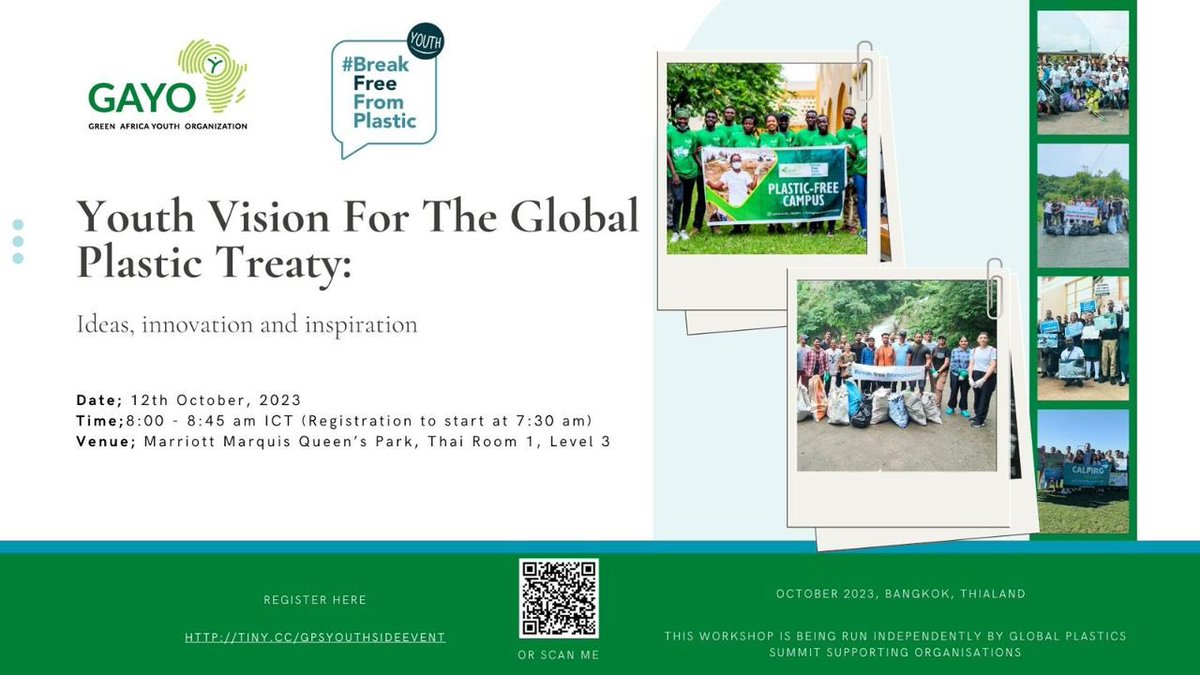 gayoghana's tweet photo. Youth have always led the way in driving social progress. Now, it's time to take our voice to the global stage🗣. Join us at the Global Plastics Summit in Bangkok, Thailand, for a game-changing side event!
Click the link to register; https://t.co/Hz5j0pAsOZ
#Globalplasticsummit https://t.co/q1eBEMsyl7