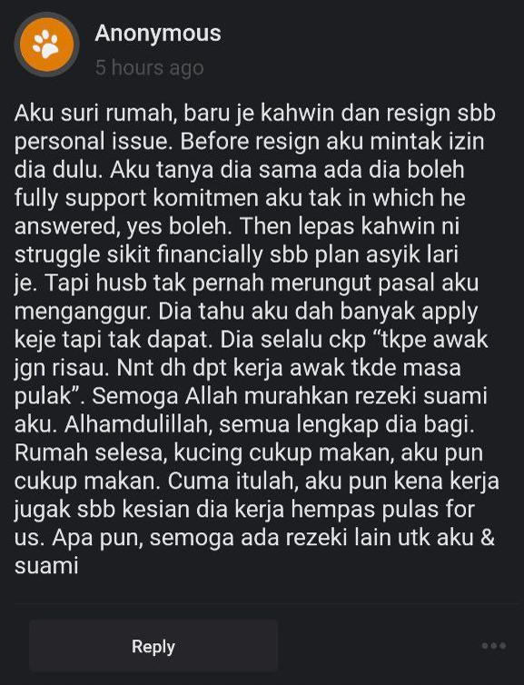ibjela's tweet photo. Situasi kau ni lebih kurang mcm situasi bini aku dulu.

Bini aku dulu keje, then after deliver our 2nd daughter, dia resign utk fokus fully kat anak. Masa tu anak 1st dah 2yo, n ada new baby. Tak dinafikan mmg byk risau pasal duit, dan selalu tanya aku patut ke dia kerja balik.

Jawapan aku simple, aku serah kat dia, but aku bagitahu frankly aku prefer dia tak kerja, sbb tak dapat dinafikan bila dia tak kerja, dia ada lebih banyak masa dan energy utk rumahtangga i.e. aku dan anak2.

Adakah berbaloi dia lose that energy and time utk additional few thousands RM? Berapa byk kesenangan yg boleh dapat from that additional few thousands RM? Adakah it's a trade-off yg berbaloi dengan anak2 yg kecik dan memerlukan presence dan attention mak sepenuhnya? Campur dengan stress kerja lagi, nk hadap customer yg gile dek kehidupan bandar, berbaloi ke balik kerja penat2 stress semua demi that additional few thousands RM? Berbaloi ke lose things that money cannot buy demi duit? Kitorang sit down having that conversation, dan dia pilih utk tak continue kerja.

And of course, bila dia dah biasa bekerja dulu, biasa ada income sendiri, ada duit sendiri. Bila dah tak kerja, takde dah that privilege. Nak apa2 kena mintak ngan aku. Memang aku bagi je, tp being a good wife, dia pun segan dan serba salah nk mintak ngan aku. That's another struggle for her.

Plan lari, bajet lari, tu benda biasa. Tp Allah dah janjikan rezeki utk setiap hambanya. Aku ckp kat bini aku, mmg ada time kita sesak, tp Alhamdulillah tak pernah lagi terpaksa berlapar sbb takde duit nak makan. Tak pernah lagi terpaksa tidur bawah jambatan sbb takde duit nk bayar sewa rumah. Semua cukup. Takdelah mewah lavish, tapi cukup. Syukur Alhamdulillah.

At the same time, kena pandai manage utk save juga. Org lain kena bayar daycare, beli susu. Kami takyah sbb anak tak hantar daycare dan fully breastfeed. Toys sometimes beli jela kat Mr DIY yg murah. Walau nampak lokek, but toys is toys, dan budak2 mana peduli pun murah ke mahal ke. Kalau nk toys yg mahal sikit contohnya Lego beli je kat Carousell yg sekehen. Barang2 rumah aku byk dapat dari thrift market. Takdelah berkilat cantik bau kedai bila bawak balik rumah, tp Alhamdulillah ok je, cantik je, function je. Makan luar kadang2 ada, tp masak pun banyak, save kat situ. Anak2 pulak tak hantar pegi kelas swimming ke kelas ngaji ke kelas matematik ke sbb aku sendiri ajar lepas balik kerja ke time weekend ke apa. Bini aku penat jaga anak, nak gi massage ke apa tak perlu sbb aku boleh buat, grip strength aku power kot, kalau nk jd professional masseuse pun boleh. Nak gi holiday, kalau belum cukup tabung nk fly memana, boleh balik kampung aku. Ada pantai yg anak2 aku enjoy gila melompat berguling menjerit main pasir main ombak, takyah pun spend beribu bawak pegi Disneyland to have a good time with kids. Tak dapat balik kampung, kat KL byk je park yg best2, budak2 bleh lari2 sebebasnya.

When there's a will, there's a way.

Sekarang Alhamdulillah bini aku dah 5 tahun fulltime homemaker. Ade je kekawan dia yg offer keje ngan diorang, yg dh ada business sendiri semua, tp bini aku sendiri yg taknak sbb dah selesa jadi homemaker, dapat tengok anak depan mata, dapat berkhidmat pada suami tanpa gangguan stress luaran yg tahpape.

At the end of the day, yg mencukupkan rezeki itu Allah, bukan kerjaya atau duit berkepuk atau benda2 lain. Just do our job sepertimana yg Allah suruh to the best of our ability, apply sifat qanaah, sifat sabar, sifat syukur, bykkan doa, jaga solat dan benda2 wajib yg lain, you will realize that Allah has given you plenty, more than enough that you can ever be grateful for.

Kalau kerja bagus, Allah taknak bagi rezeki, bankrup terus pun boleh jadi. Tak mustahil langsung pada kuasa Allah, sepertimana tak mustahil Allah nk cukupkan segalanya walau kita hanya kerja biasa2. Kita org Islam, tu benchmark kita. Jauhi la benchmark manusia moden leni punya goal duniawi yg mostly berpaksikan ahli-ahli dunia, bukannya org yg betul2 cakna pasal Akhirat. Benda ni yg ramai org leni payah nk paham, payah nk terima, sbb tak yakin kpd Allah.

Semoga Allah berkati kau dan keluarga in your struggle and everyone else, Amin.