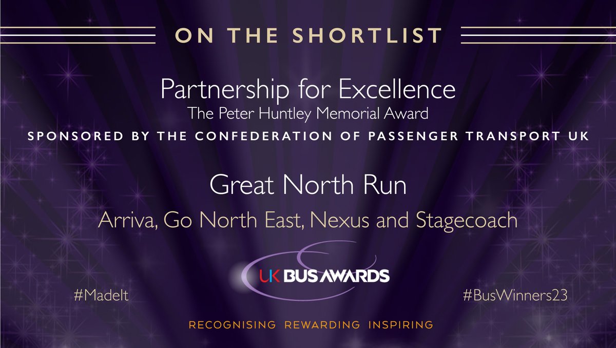 UKBusAwards's tweet photo. A huge shoutout to the teams at Arriva NE, Go North East, Nexus, and Stagecoach NE! Their Great North Run partnership is a finalist for the prestigious Partnership for Excellence award at the UK Bus Awards. Congrats! 🚌🌟 #UKBusAwards #BusWinners23 #MadeIt https://t.co/yoNEgtnGMk
