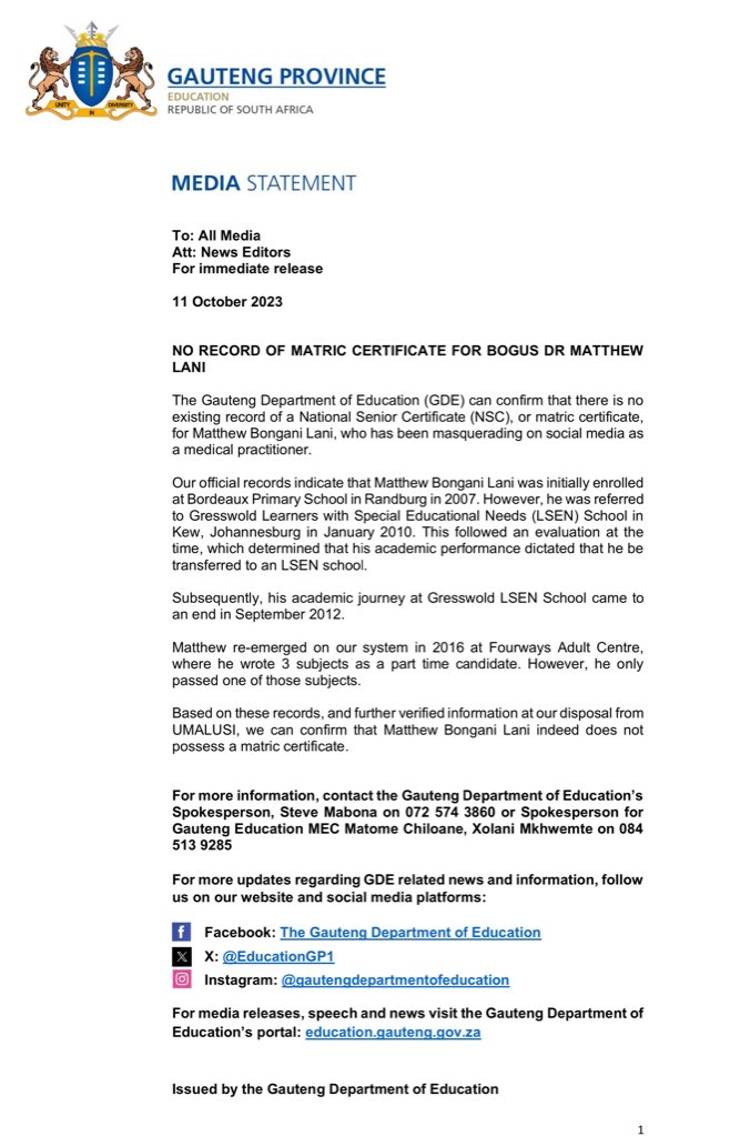 EducationGP1's tweet photo. NO RECORD OF MATRIC CERTIFICATE FOR BOGUS DR MATTHEW LANI  
 
@EducationGP1 can confirm that there is no existing record of a National Senior Certificate (NSC), or matric certificate, for Matthew Bongani Lani, who has been masquerading on social media as a medical practitioner. https://t.co/obb9cfyOb5
