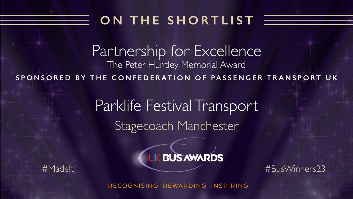We're thrilled to announce that the Parklife festival transport project by Stagecoach Manchester is a finalist for the Partnership for Excellence award at the UK Bus Awards. Congrats to the Stagecoach team! 🚌🌟 #UKBusAwards #BusWinners23 #MadeIt