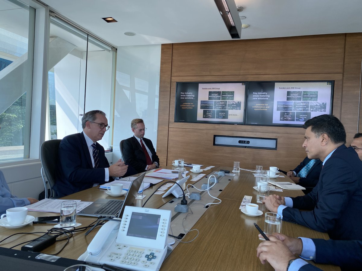 Mr. <a href="/HakanJevrell/">Håkan Jevrell</a>, State Secy to Minister for #International Development Cooperation &amp; #Foreign Trade of Sweden met <a href="/TheJSWGroup/">JSW Group</a> today to discuss #investment collaboration &amp; #cooperation  between Sweden &amp; the Group further deepening 75 years of Sweden-India bilateral relationship