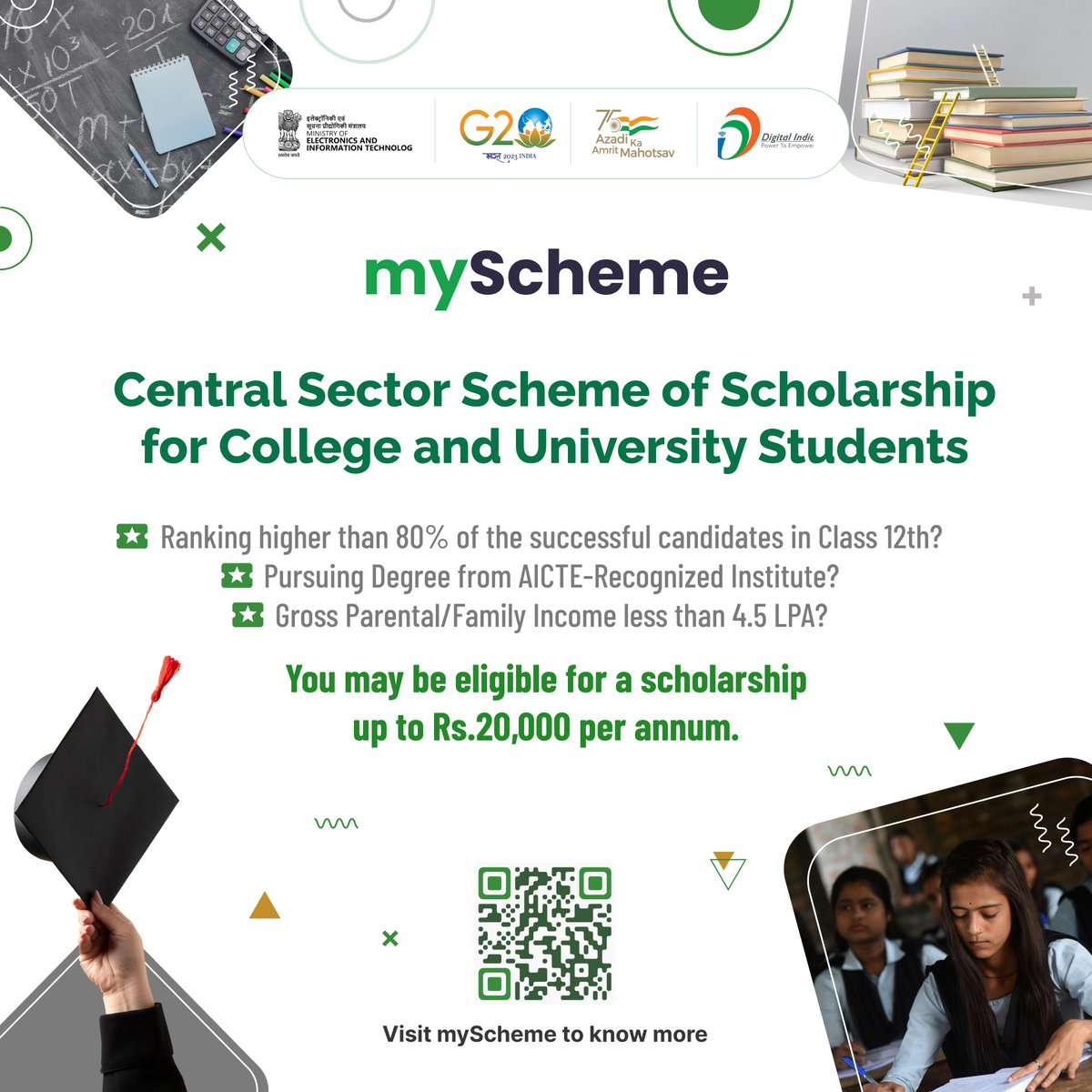 Are you looking for a scholarship while pursuing higher studies? If Yes, here is a scheme for you. To know more, Visit myscheme.gov.in/schemes/csss-c… #governmentschemes #schemesforyou #digitalindia #csss #myScheme #celebrating1yearofmyScheme #scholarship #students