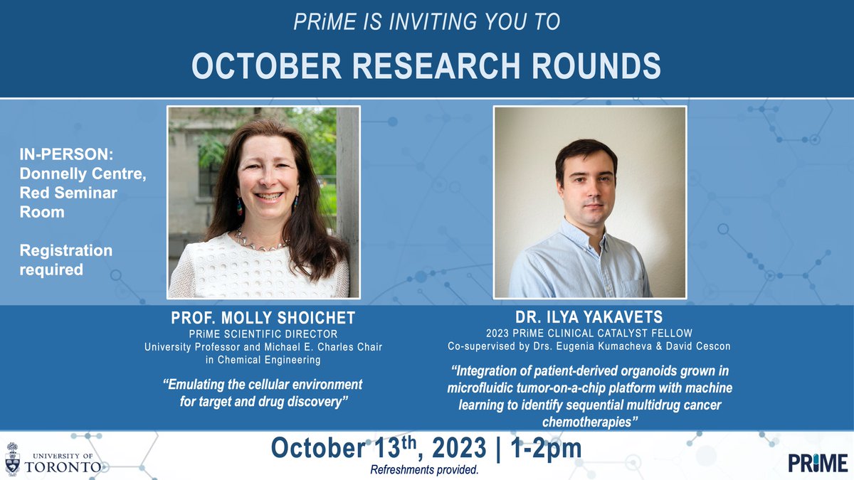 Join us this Friday, 1pm, Donnelly Centre Red Room for the first PRiME Research Round of the year! The session will feature Prof.<a href="/MollyShoichet/">Molly Shoichet</a> and Clinical Catalyst Fellow Dr.<a href="/IYakavets/">Yakavets Ilya</a>
Register here: cris.eve.utoronto.ca/home/events/38……
All staff, faculty and students at UofT are welcome!