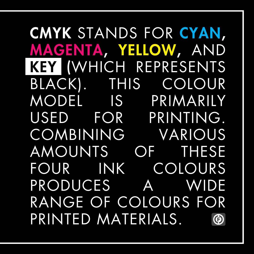CustomFitOnline's tweet photo. CMYK stands for Cyan, Magenta, Yellow, and Key (which represents Black). This colour model is primarily used for printing. Combining various amounts of these four ink colours produces a wide range of colours for printed materials.

#GraphicDesignTerms #CMYK # https://t.co/MjIh9NOUzs