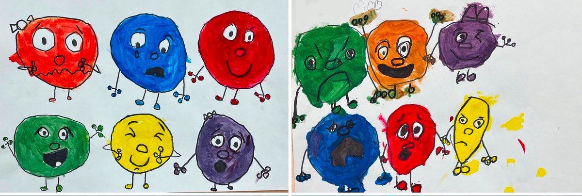 d97schmidt's tweet photo. Kindergarten Mixed Characters #primarycolors #secondarycolors #painting #paint #mixed #mixing #feelings #emotion #color #line #expression #MannSchool #OakPark97 #WeAreD97 #MyD97 #kindergarten #art https://t.co/YjCQdNuaNh