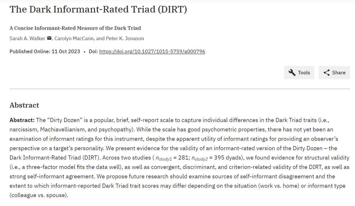 SarahAWalker's tweet photo. Excited to share our new paper! We developed the informant-report Dirty Dozen (#DIRT) scale, and present two studies that offer validity evidence for the informant-report version of the OG self-report. #DarkTriad #DirtyDozen @caro_maccann &amp; Peter Jonason

https://t.co/BRqTQTCW0i https://t.co/Y7XN4oqSJJ