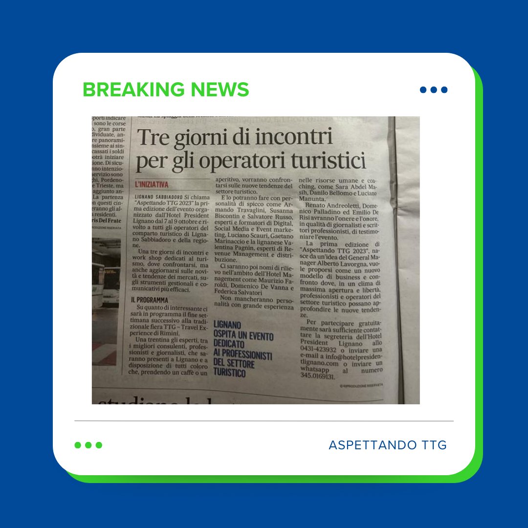 Si è appena conclusa la prima edizione di “Aspettando #TTG 2023”.

Una brillante idea del General Manager Alberto Lavorgna per proporre un nuovo modello di business e confronto tra professionisti del settore sulle ultime tendenze nel turismo.

Onorati di averne fatto parte!