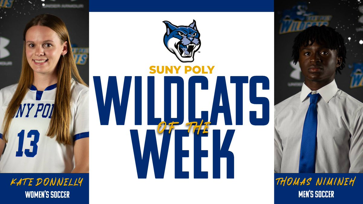 PolyWildcats's tweet photo. 😺Congratulations to our Wildcats of the Week, Kate Donnelly and Thomas Nimineh!
Kate Donnelly recorded a hat trick against UMPI to lead the team to a 6-1 victory. Thomas Nimineh scored both of SUNY Poly's goals against UMPI for a 2-1 win! #WildcatOfTheWeek #PolyMSOC #PolyWSOC https://t.co/0gghc3Jj5S