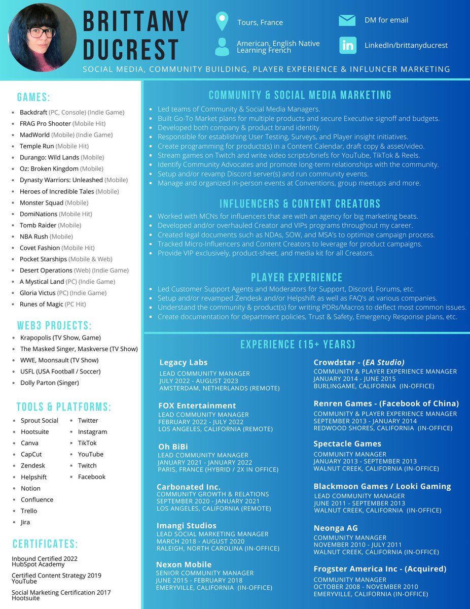 Community Manager Lead with 15 years in the game industry looking for work! 

I do social media marketing, community building, player experience and content creator management. 

Appreciate reposts🙏
#gamingjobs #jobsearch #gaming #CommunityManager #LFW