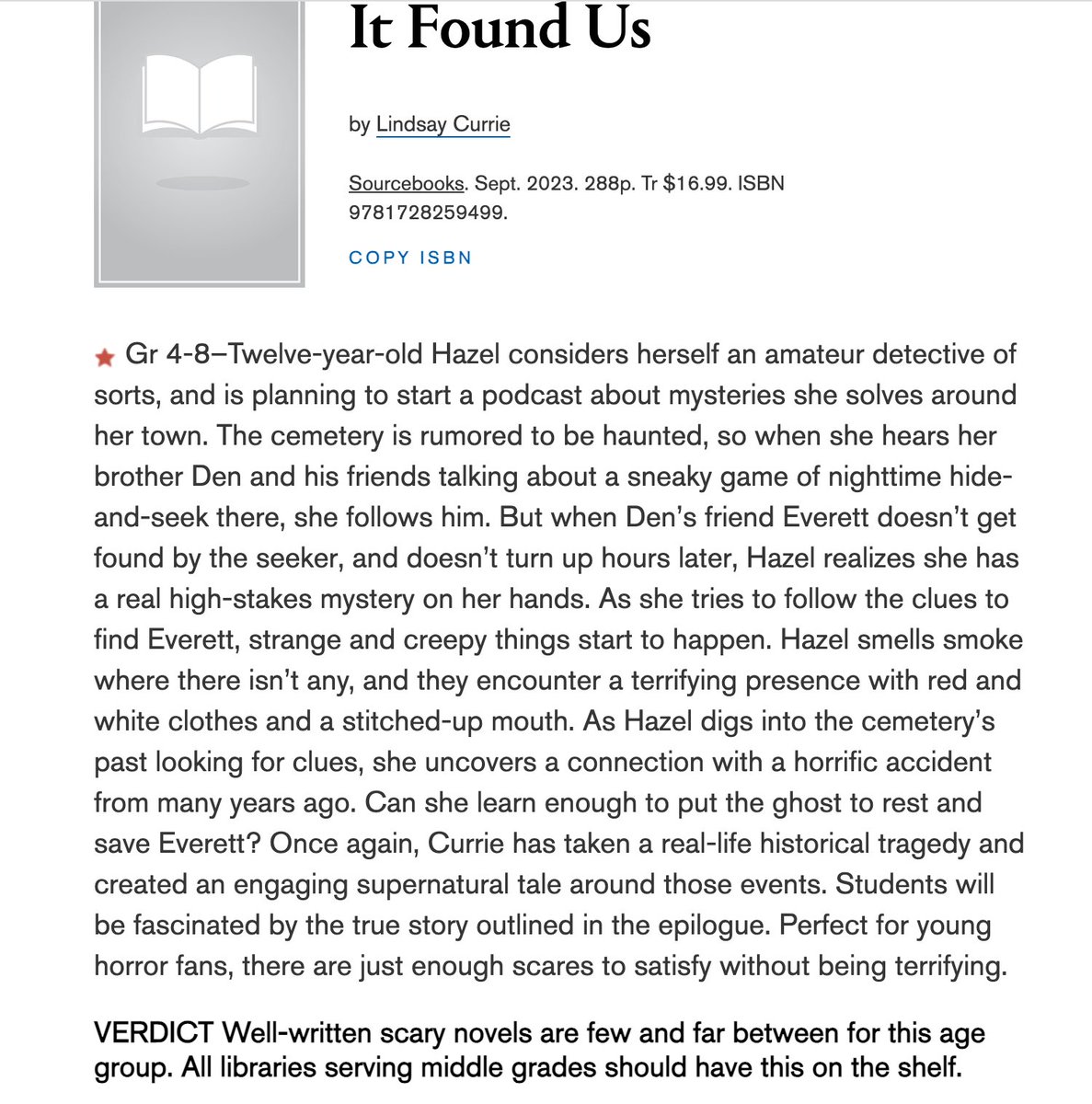 Five novels in, and this author just got her first STARRED review. I'm beyond grateful. Thank you, <a href="/sljournal/">SchoolLibraryJournal</a> for these kind words about IT FOUND US. What an honor.