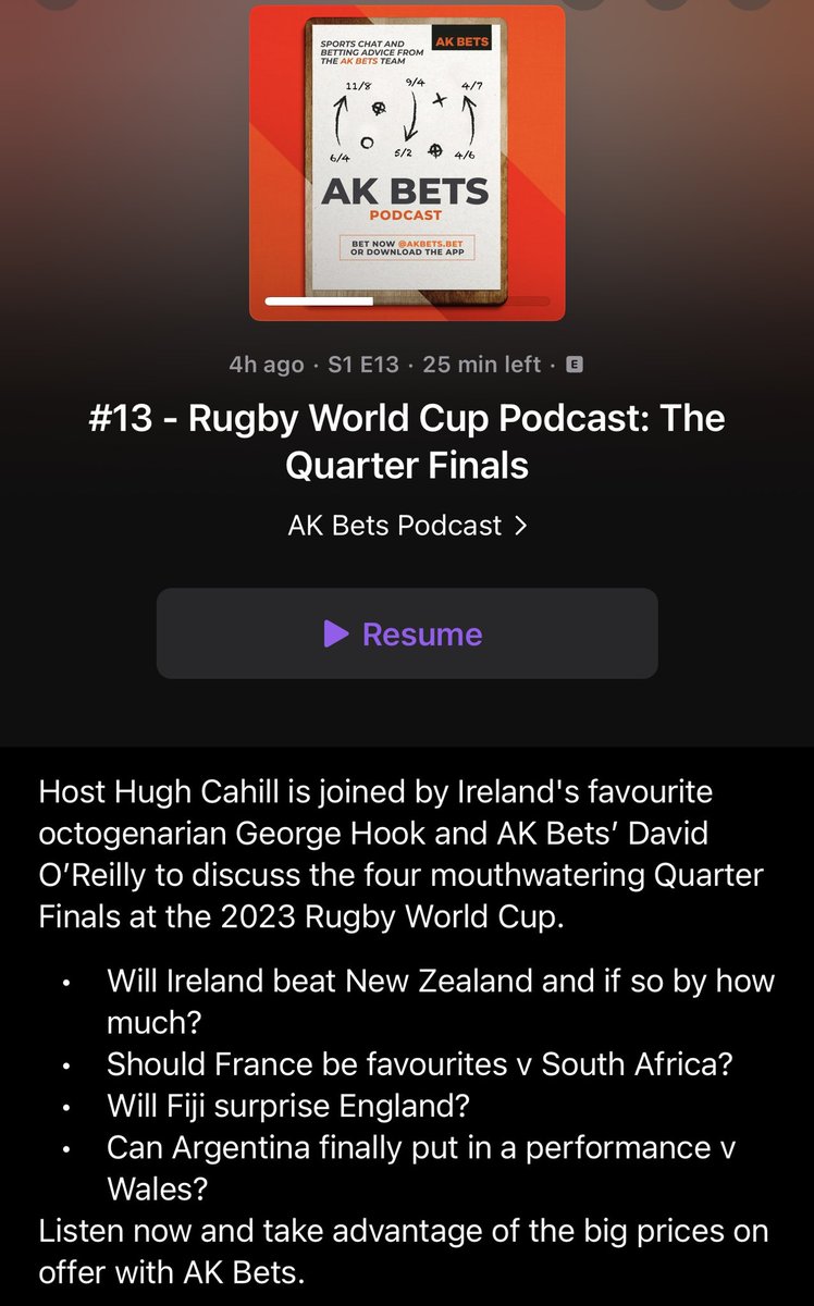 🎧 AK BETS Rugby World Cup Podcast
🏉 Quarter Final Preview

Slightly biased but this is a cracking listen with @ghook in flying form.

Detailed look at Ireland v New Zealand and more #AskGeorge

👂 Spotify @ spotify.link/triswlftODb

👂 Apple @ podcasts.apple.com/ie/podcast/ak-…

#AKBets