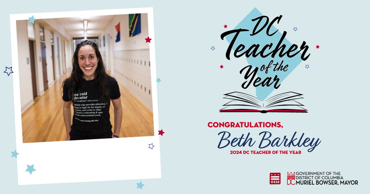 OSSE (@ossedc) on Twitter photo Congratulations, Beth Barkley, the 2024 DC Teacher of the Year! Beth is a dedicated English teacher in the International Academy at <a href="/CardozoEC/">Cardozo EC</a>. Beth also teaches a Human Rights & Social Action elective. Congratulations to Beth and the entire <a href="/CardozoEC/">Cardozo EC</a> community! Congratulations, Beth Barkley, the 2024 DC Teacher of the Year! Beth is a dedicated English teacher in the International Academy at <a href="/CardozoEC/">Cardozo EC</a>. Beth also teaches a Human Rights & Social Action elective. Congratulations to Beth and the entire <a href="/CardozoEC/">Cardozo EC</a> community!
