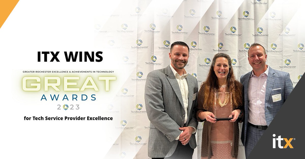 TechRochester's GREAT Awards celebrate local tech achievements. We're honored to win the Tech Service Provider Excellence award. Kudos to all winners and our dedicated team! More at bit.ly/3RT7gPK