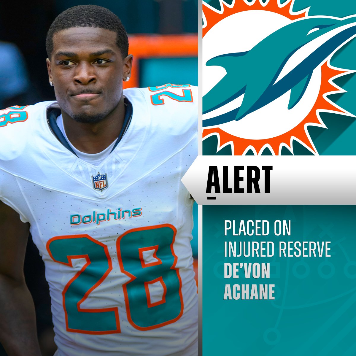 NFL's tweet image. Dolphins placing RB De'Von Achane (knee) on IR, will miss at least 4 games. (via @RapSheet)