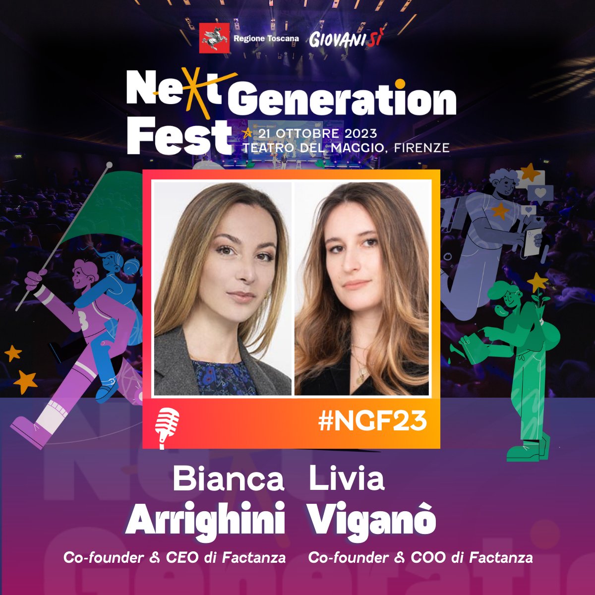 Con noi sul palco del Next Generation Fest ci sarà anche Factanza, con Bianca Arrighini e Livia Viganò. 📆 Quando e dove: sabato 21.10 al Teatro del Maggio di #Firenze.  Iscriviti subito gratis, i posti sono limitati: giovanisi.it/nextgeneration…
🕕#NGF23 Stiamo per iniziare!