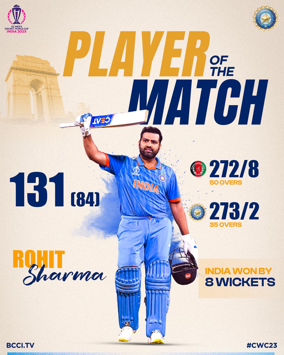 Captain Rohit Sharma is adjudged the Player of the Match for his scintillating record-breaking century in the chase 🔝

#TeamIndia register a compelling 8⃣-wicket victory over Afghanistan 👏👏

Scorecard ▶️ bit.ly/INDvAFG-CWC23

#CWC23 | #INDvAFG | #MeninBlue