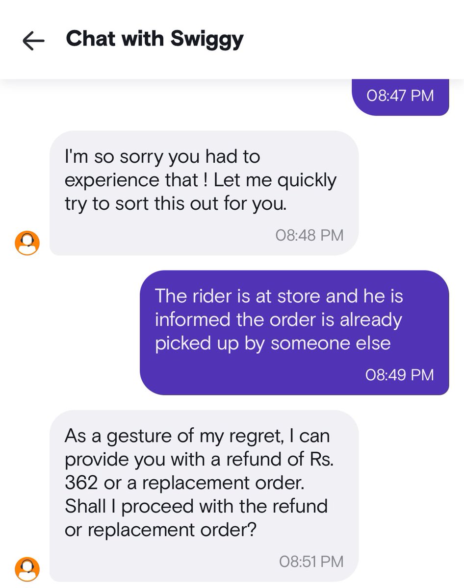 pgpatil_21's tweet photo. @SwiggyCares Irony of things, the order is cancelled and customer care mentions that refund is issued as restaurant hasn’t accepted order. On other screen an order is generated as replacement. On requesting a call back, the customer service morons are completely clueless https://t.co/gk8gXdIr1N