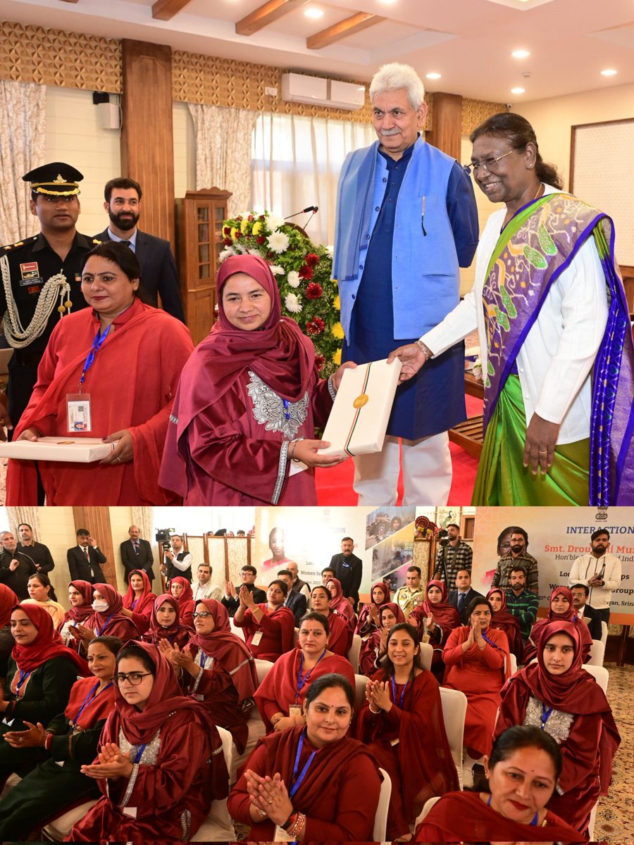JK_NRLM's tweet photo. Hon'ble President Droupadi Murmu today interacts with the SHGs of JKRLM at the Raj Bhavan Sgr.Their invaluable experiences were shared, shedding light on their pivotal role as torchbearers for our nation.JKRLM garnered immense appr'n from the president for their remarkable work. https://t.co/zYkVhXNjDq