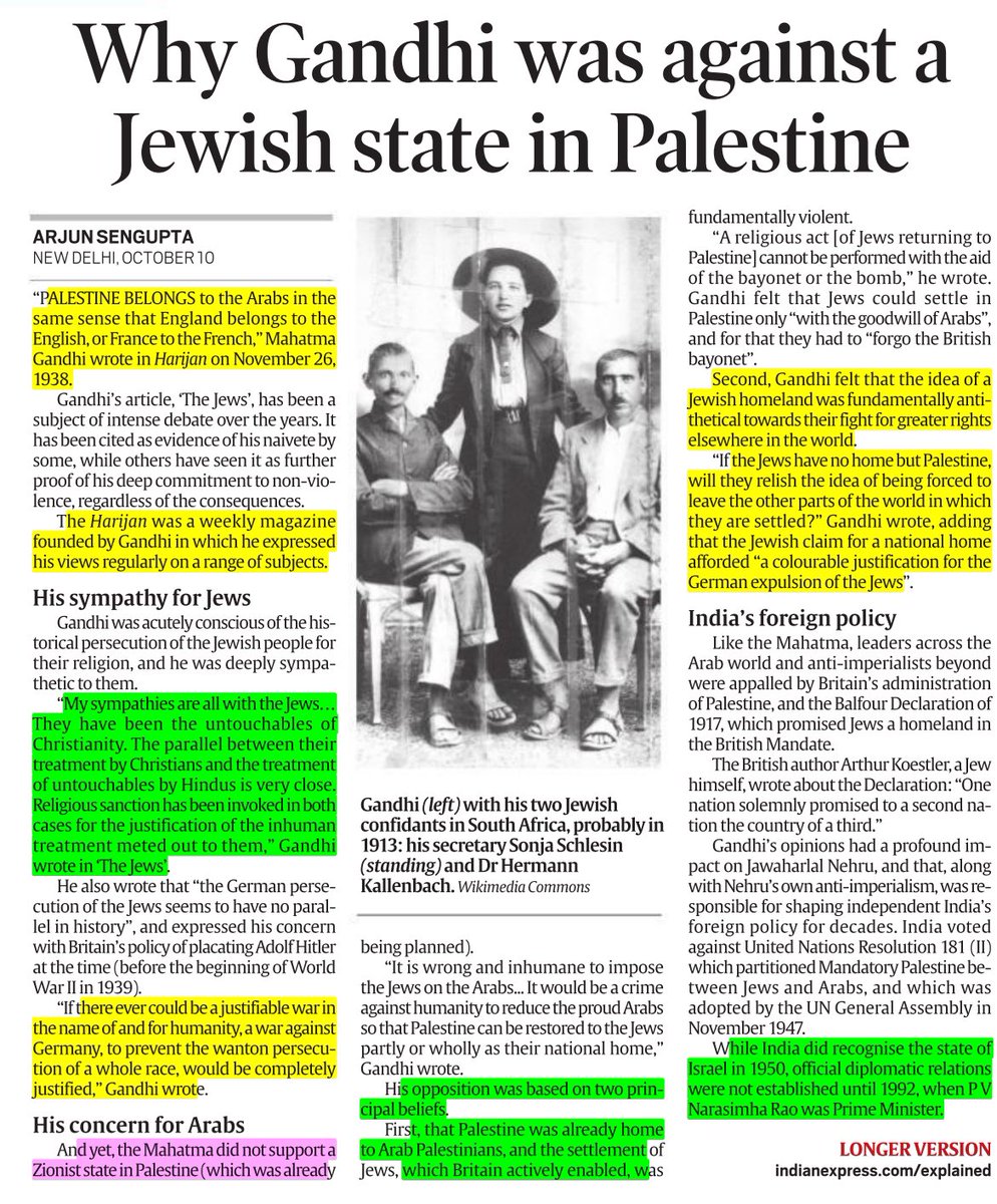 Gandhi’s  view on Israel and Palestine . Source: Indian express #UPSC #GS1