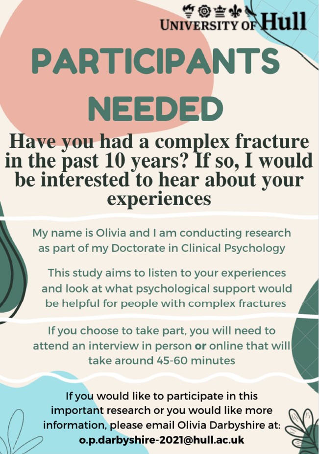 Day One Trauma Support (@dayonetrauma) on Twitter photo Trainee Clinical Psychologist <a href="/OliviaDarbysh10/">Olivia Darbyshire (Trainee Clinical Pyschologist)</a> (University of Hull) is looking for participants to explore what psychological support would be helpful for people with complex fractures. If you’d like to participate, get in touch with Olivia at o.p.darbyshire-2021@hull.ac.uk Trainee Clinical Psychologist <a href="/OliviaDarbysh10/">Olivia Darbyshire (Trainee Clinical Pyschologist)</a> (University of Hull) is looking for participants to explore what psychological support would be helpful for people with complex fractures. If you’d like to participate, get in touch with Olivia at o.p.darbyshire-2021@hull.ac.uk