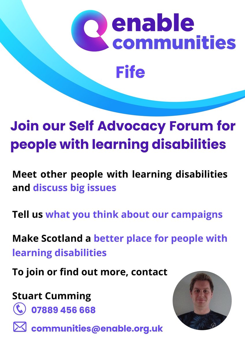 Stuart_ENABLE's tweet photo. On the last Tuesday of each month, #Enable Fife Self-Advocacy Forum takes place from 4pm until 5.30pm at the Lomond Centre in Glenrothes for people with Learning Disabilities aged 18 and over. https://t.co/koyIA8Hvu6