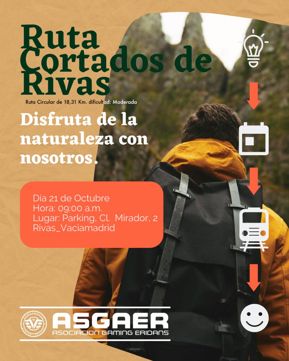 cosladapart2023's tweet photo. 🚶🏽♀️🚶🏽♂️👟 Ruta Cortados de Rivas, organizada por Asociación Gaming Eridans @eridansesports

🗓️ Sábado 2⃣1⃣ de octubre a las 9:00 hs. en Parking, C/ Mirador 2, Rivas Vaciamadrid

➕ℹ️ e inscripciones ⤵️
📩 eridansesports@gmail.com https://t.co/AB6kBsVTME