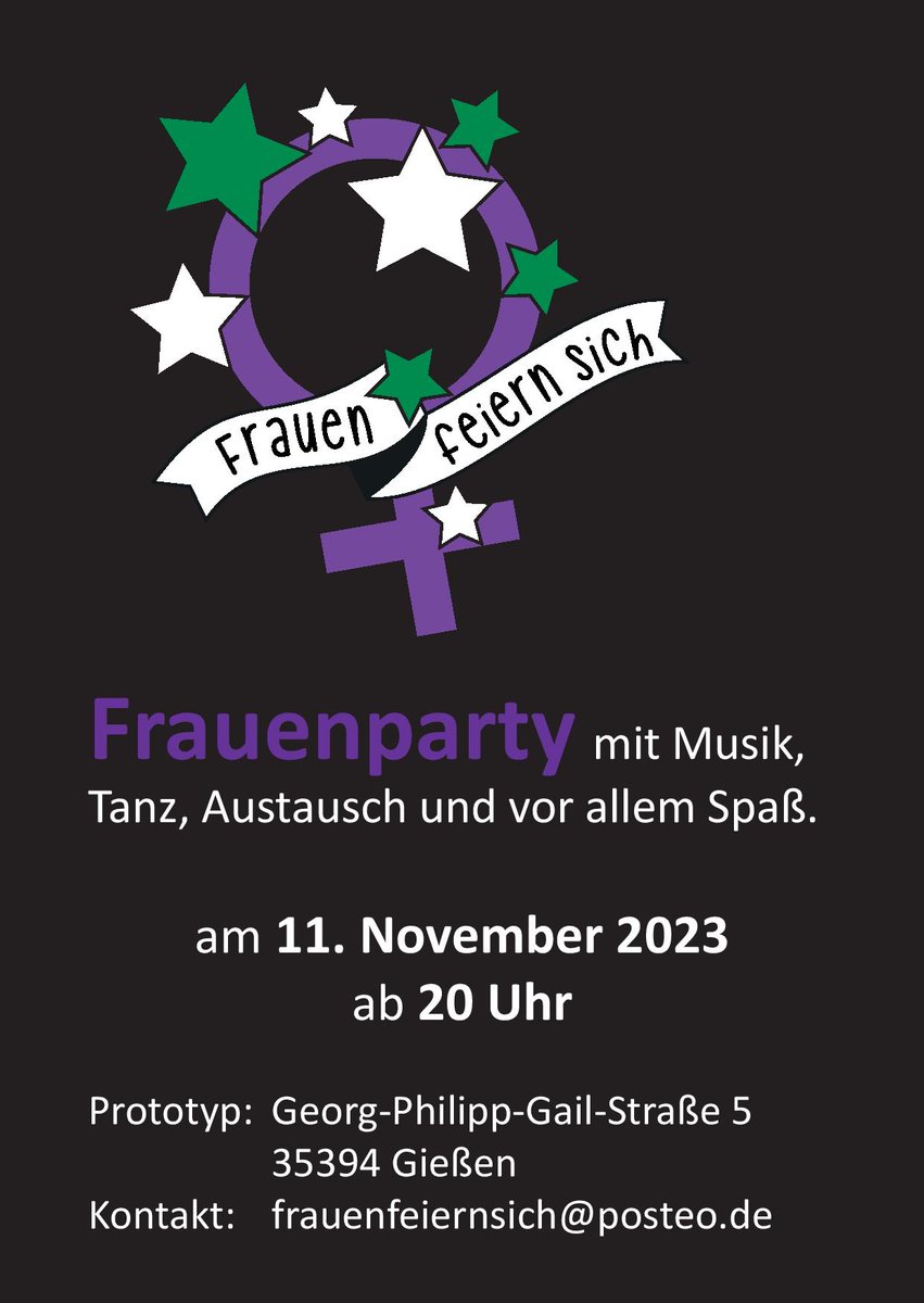 Am 11. November werden in Gießen #FrauenSprechen. Unter anderem mit der wunderbaren <a href="/LSquadBerlin/">LSquadBerlin🎗️</a> und <a href="/initiative_lfs/">Initiative "Lasst Frauen Sprechen!"</a>. Abends wird dann zusammen getanzt bei #FrauenFeiernSich.
🥳