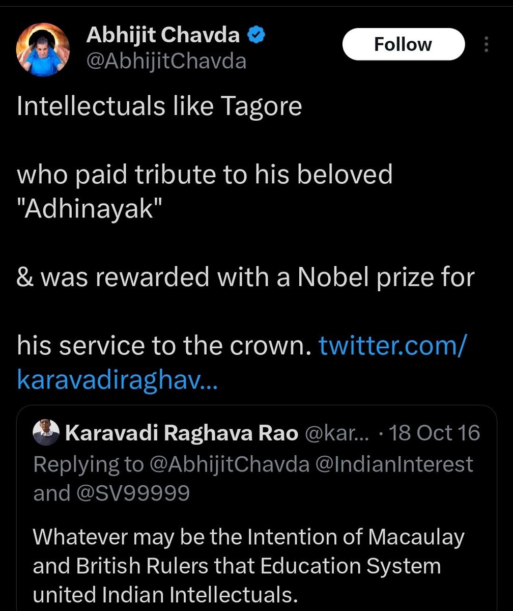 sreejit_d's tweet photo. Let's make a brief list, enumerating only some of Rabindranath Tagore's "service to the crown [sic]" :

1. Forcing Anglophile moderate leaders of the Congress to switch from English to Bengali for making their speeches at Bengal Provincial Congress conference sessions, by frequently disrupting their speech with the help of his young brigade (prior to the Swadeshi Movement)

2. Starting the trend of exclusively using the Indian ethnic wear, consisting of only dhoti-kurta-chaadar as well as refusing to wear socks, thus replacing the Anglophile practice of wearing three-piece suits at public & private gatherings (like National & Provincial Congress conferences & post-conference dinners)

3. Travelling across the length and breadth of Undivided Bengal to deliver countless addresses specifically encouraging students & the youth to participate wholeheartedly in the Swadeshi Movement of 1905

4. Strategising & coordinating Swadeshi Movement initiatives on the ground - from setting up Swadeshi-only shops in various places in Calcutta & mobilising student groups to agitate on the streets

5. Nurturing future generations of leadership, including Surendranath Tagore & Abanindranath Tagore (his favourite nephews), to continue the Swadeshi Movement on both political & cultural fronts in his absence (he would soon dedicate himself to the twin projects of National Education & Village Reconstruction)

6. Assisting key players of the Swadeshi Movement, including 'extremist' leaders like Bipin Chandra Pal, by providing moral, intellectual, and material support - the two often met at wee hours to chalk out plans of on-the-ground action & strategy at the poet's Jorasanko residence; the same house was often used as a prime venue for holding key meetings to chart out plans of action for the Swadeshi Movement

7. Rescuing student groups participating in the Swadeshi Movement from police atrocities by providing manpower (personally led by his nephew Surendranath who worked under the poet's express instructions during this period)

8. Leading processions from the front on streets of Calcutta, accompanied by Surendranath, Abanindranath, & several other younger Tagores, singing Swadeshi nationalist songs & thus enthusing people to adopt / use only Swadeshi products & goods

9. Actively charting the path of National Education, i.e. education imparted on national lines & under exclusive national control as opposed to the Government-funded / -run institutes, ideating, lecturing, and collaborating with other nationalist leaders like Acharya Satish Chandra Mukhopadhyay (of the Dawn Society), Sri Aurobindo, Raja S.C. Mullick et al.,  establishing the National Council of Education & later on, at Santiniketan, Bolpur, the Brahmacharya-ashrama, the Patha-Bhavana school for children, and ultimately Visva-Bharati, a university built on Indian ideals and model of education

10. Writing scores of Swadeshi nationalist songs and poems, like "Bidhir Bandhon Kaatbe Tumi" or "Aamar Sonar Bangla", which electrified the public with nationalist patriotic feelings whenever they were sung/recited in public meetings or processions

11. Renouncing the Knighthood conferred upon him, as a mark of protest against the barbaric massacre of his fellow Indians at the Jaliwanwala Bagh of Amritsar, Punjab in 1919; and writing of his decision in a letter to the Viceroy, stating that “the time has come when badges of honour make our shame glaring in their incongruous context of humiliation, and I for my part wish to stand, shorn of all special distinctions, by the side of those of my countrymen, who, for their so-called insignificance, are liable to suffer a degradation not fit for a human being.”

The poet's beloved Adhinayaka was indeed working through him for the liberation of this country.