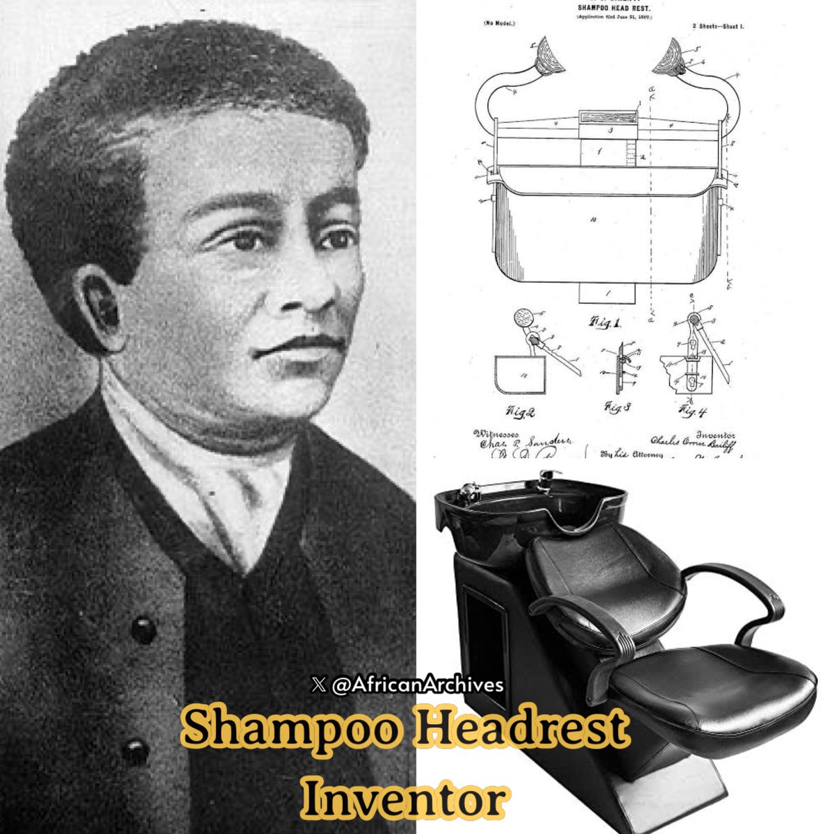 AfricanArchives's tweet photo. Charles Orren Bailiff  invented the shampoo headrest. He received the patent for it on this day in 1898.

Remember his name the next time you’re getting a wash at the salon. https://t.co/i5AmpA2IQM