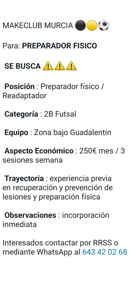 SE BUSCA 🚨🚨🚨
PREPARADOR FISICO - READAPTADOR
🟡⚫⚽
Interesados MD y WhatsApp