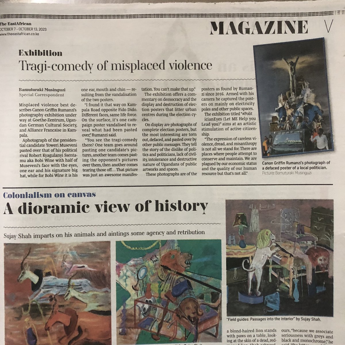 It’s @musibamu1 for @The_EastAfrican. Arts correspondence introducing my exhibition at @GZ_Kampala / @AFKampala. - 21OCT2023. Online: theeastafrican.co.ke/tea/magazine/t… On the same page is the awesome art by Sujay Shah who just completed his residency at @32degreeseast . Viva!
