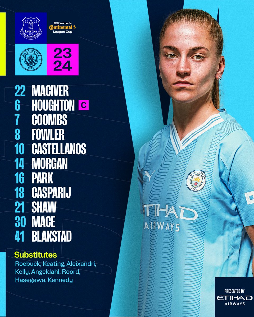 ManCityWomen's tweet photo. #ContiCup team news! 🙌

XI | MacIver, Houghton (C), Coombs, Fowler, Castellanos, Morgan, Park, Casparij, Shaw, Mace, Blakstad

SUBS | Roebuck, Keating, Aleixandri, Kelly, Angeldahl, Roord, Hasegawa, Kennedy

#ManCity | @etihad https://t.co/1nMbZBEwZR