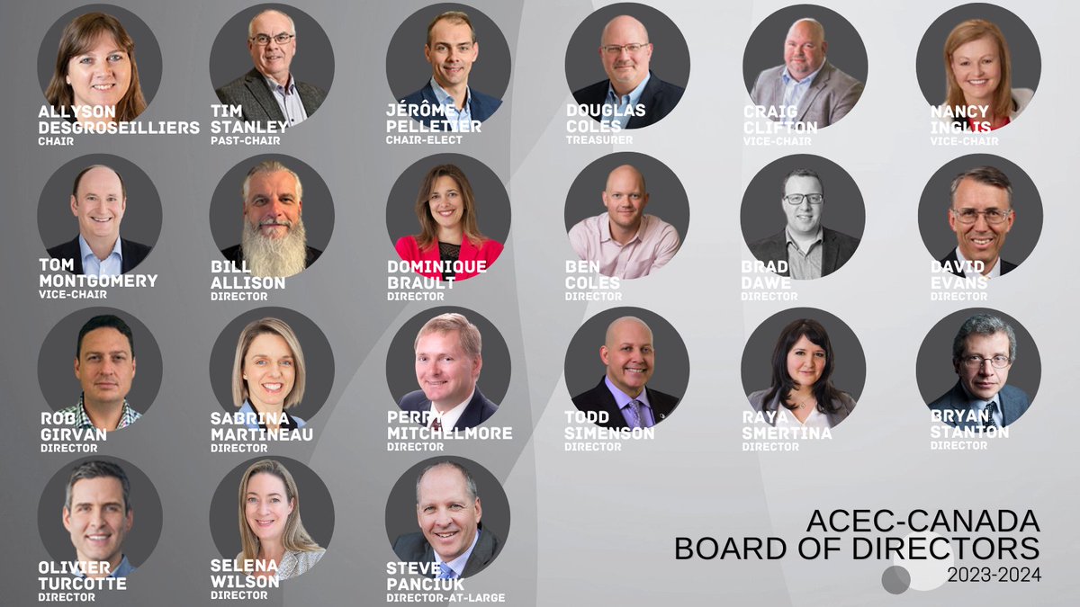 ACECCanada's tweet photo. ACEC extends a warm welcome to the new Directors of our Board. They, along with the returning Directors, will help us accomplish our strategic priorities and support our vision of a successful, trusted and sustainable #consultingengineering industry. 🔗https://t.co/roB9fGk4Xg https://t.co/rioT8b2cpT