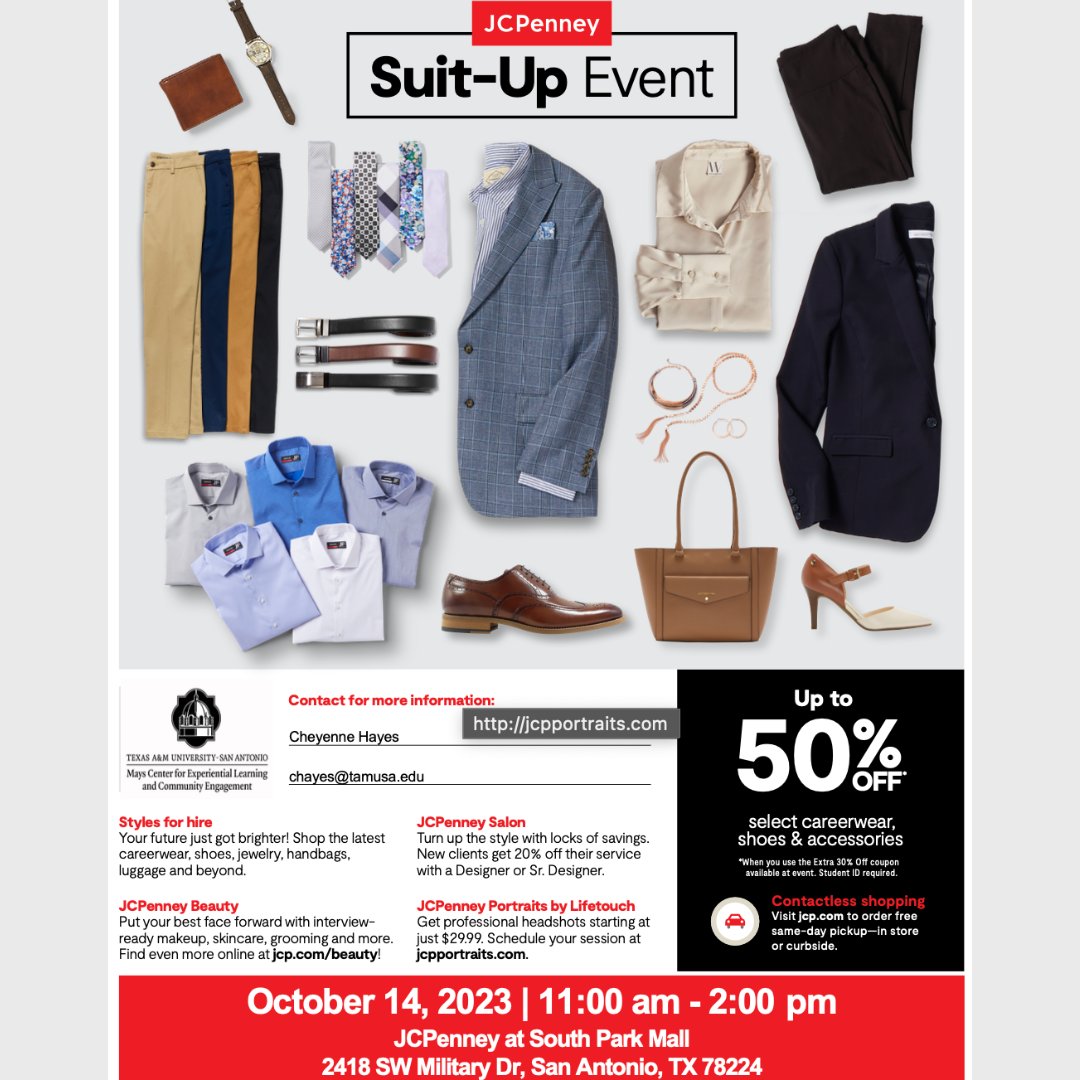 TAMUSAMays's tweet image. Throwback to jaguar students enjoying deals!

Head to JCPenney to buy professional attire this Saturday, October 14! 🛍️👗👔

Impress employers in your next interview! 💼 #ShopSmart #Savings #WorkStyleUpgrade
