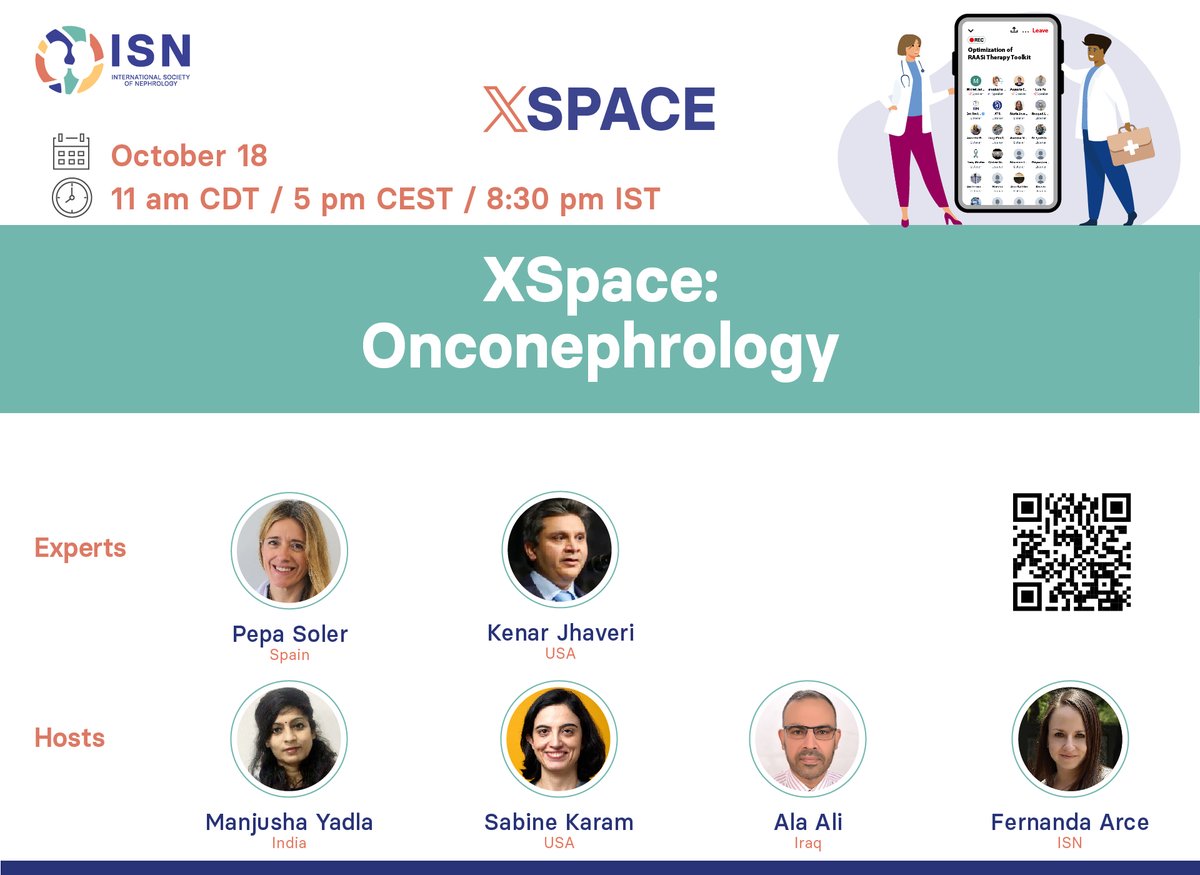 𝗦𝗔𝗩𝗘 𝗧𝗛𝗘 𝗗𝗔𝗧𝗘 for the next ISN XSpace: "Onconephrology."

🗣️ <a href="/PepaSolerR/">Maria Jose Soler</a> <a href="/kdjhaveri/">Kenar Jhaveri</a>
👥 <a href="/myadla/">manjusha yadla</a> <a href="/SabineKaram6/">Sabine Karam</a> <a href="/alanephro/">Ala Ali</a>  <a href="/FerArceAmare/">Fernanda Arce-Amaré</a> 
🗓️ October 18
🕚 11 am CDT / 5 pm CEST
📲 Set a reminder here: x.com/i/spaces/1jMJg…