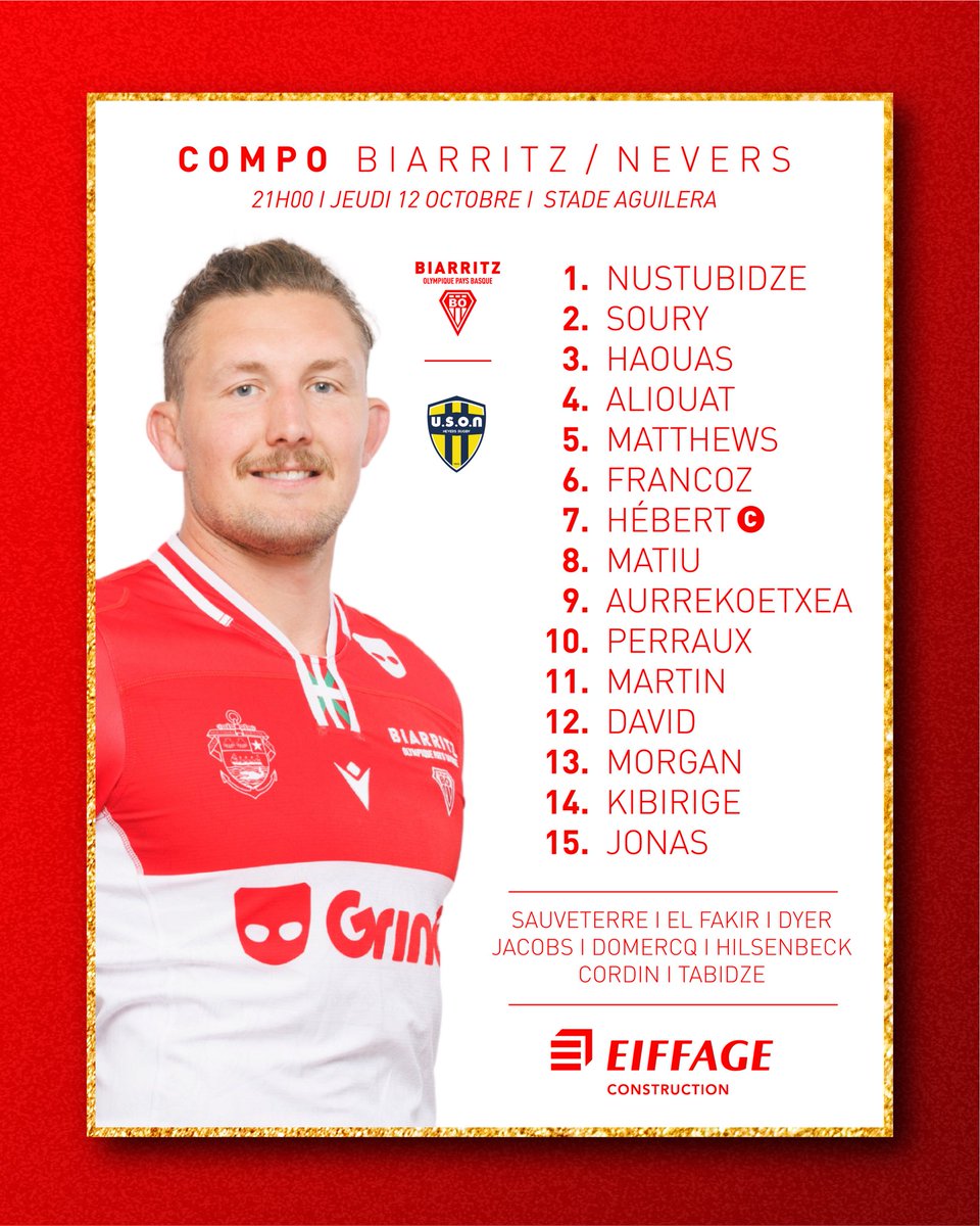 𝐋𝐚 𝐜𝐨𝐦𝐩𝐨 🔥

Eiffage Construction vous présente le XV de départ pour notre J7 face à <a href="/usonneversrugby/">USON NEVERS RUGBY</a> 

Aupa 🅱️🅾️ !

🎟 billetterie-bopb.fr

#BO #BOPB #BiarritzOlympique #Rugby #PaysBasque