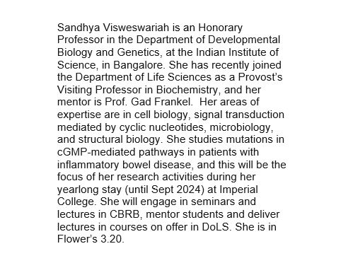 CBRB (@cbrb_imperial) on Twitter photo Welcome to the CBRB
Professor Sandhya S. Visweswariah. Provost’s Visiting Professor in Biochemistry, Department of Life Sciences. (dbg.iisc.ac.in/people/sandhya…) <a href="/ImperialLifeSci/">Imperial Life Sciences</a> <a href="/ImperialInfect/">Imperial Department of Infectious Disease</a> Welcome to the CBRB
Professor Sandhya S. Visweswariah. Provost’s Visiting Professor in Biochemistry, Department of Life Sciences. (dbg.iisc.ac.in/people/sandhya…) <a href="/ImperialLifeSci/">Imperial Life Sciences</a> <a href="/ImperialInfect/">Imperial Department of Infectious Disease</a>