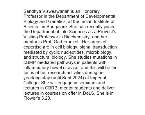 Welcome to the CBRB Professor Sandhya S. Visweswariah. Provost’s Visiting Professor in Biochemistry, Department of Life Sciences. (dbg.iisc.ac.in/people/sandhya…) @ImperialLifeSci @ImperialInfect