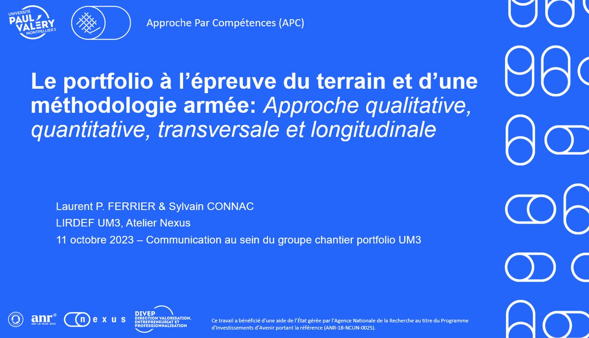 Présentation des premiers résultats de recherche sur l'usage du portfolio par des étudiants à <a href="/univpaulvalery/">Université de Montpellier Paul-Valéry</a> 
#PortfolioDay #APC #Nexus