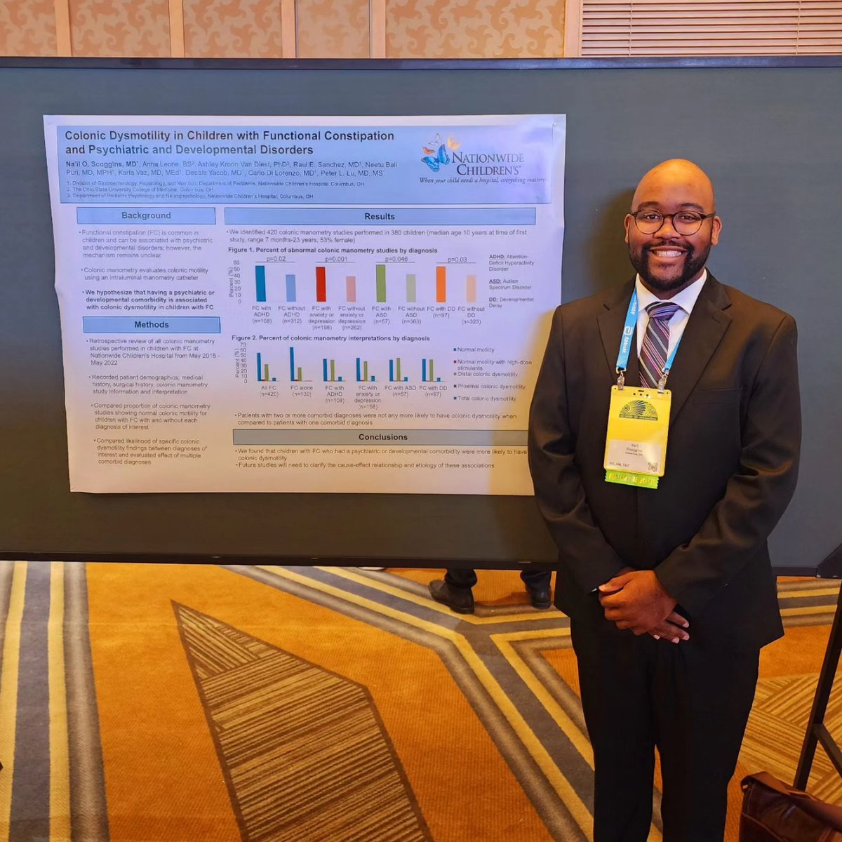 Enjoyed presenting our findings that distal colonic dysmotility was more common in children with functional constipation and co-morbid developmental or psychiatric conditions at the #NASPGHAN23 conference! #PedsGI 💩