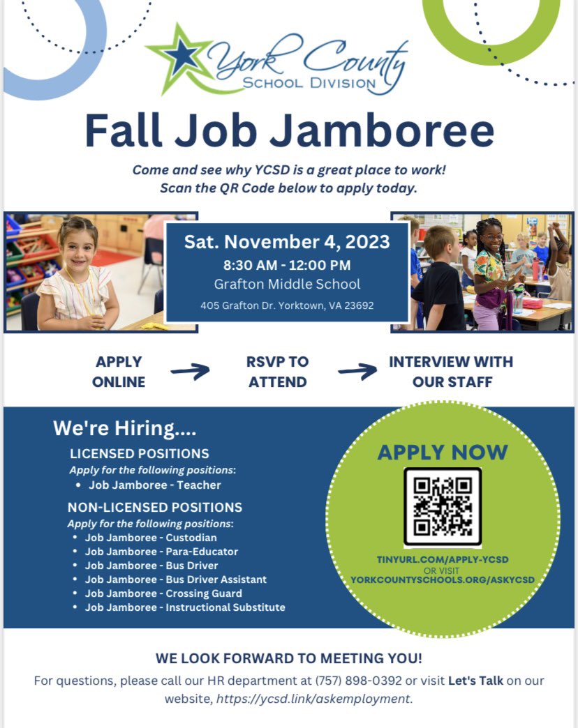November 4th come and see us at the @YCSD Job Jamboree! We look forward to sharing information about our #collectivecommitment and #supportiveculture