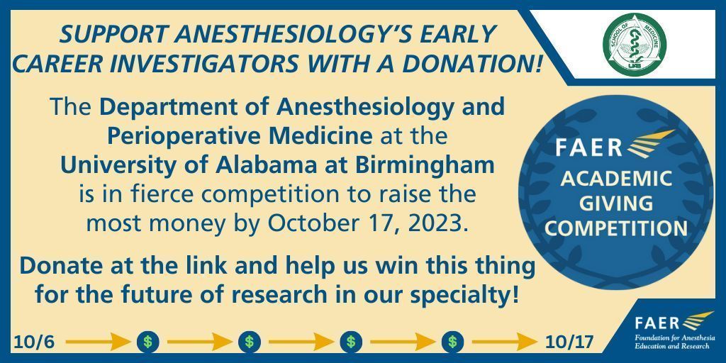 📣 Don't forget! The FAER Academic Giving Competition is underway! Visit this link to learn more about it or to donate for the future of anesthesiology research: buff.ly/403xhOF @FAERanesthesia #TheFutureIsFAER #FAERagc