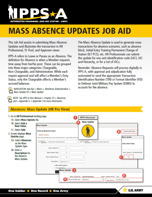 IPPSArmy's tweet photo. Need help with Mass Absence Updates? Make sure to review the below job aid!
S1Net: https://t.co/UmvtZfyGBw
FB Group: https://t.co/AabaI7v7z5
Web: https://t.co/Oec3MW3e6C
#IPPSATraining https://t.co/9880P9h6CP