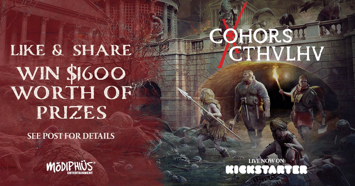 Modiphius's tweet image. ⚔️ How often do you think of being a Roman Emperor…? 

To celebrate the amazing response to the Cohors Cthulhu kickstarter, we’re looking for 3 lucky participants to shower in a veritable emperor’s bounty of goodies. $1,600 of prizes are up for grabs! 🧵