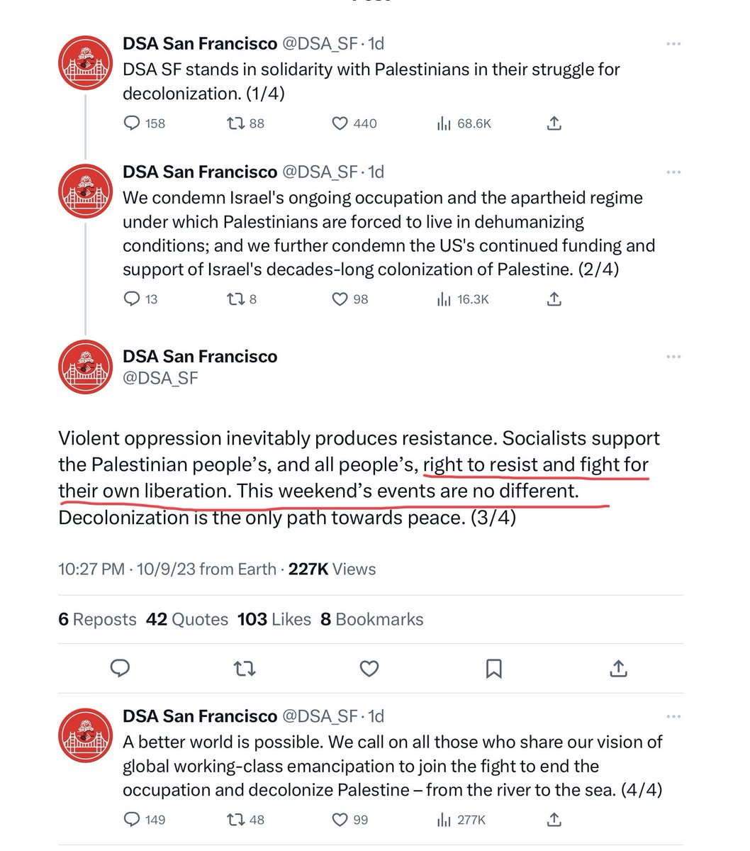 Scott_Wiener's tweet photo. This DSA SF statement is horrifying &amp; even worse than the national DSA statement.

It unqualifiedly endorses Hamas’s “resistance,” consisting of the massacre of 1,200 Israelis, including kids/seniors, &amp; hostage taking.

+ It uses this horrific moment to call for an end to Israel. https://t.co/BZWyVPM8Ak