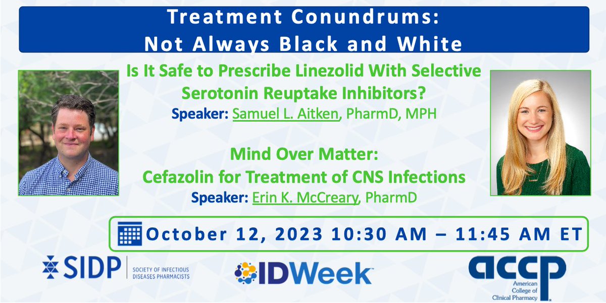 SIDPharm's tweet photo. Time for more mythbusting!
During the Treatment Conundrums session at #IDWeek2023 @IDWeekmtg @OncIDPharmd will discuss if it is safe to prescribe #linezolid with SSRIs 💊
and @ErinMcCreary will present on #cefazolin for treatment of CNS infections! 🧠@accpinfdprn #SIDP2023 https://t.co/eQegXLYfmQ